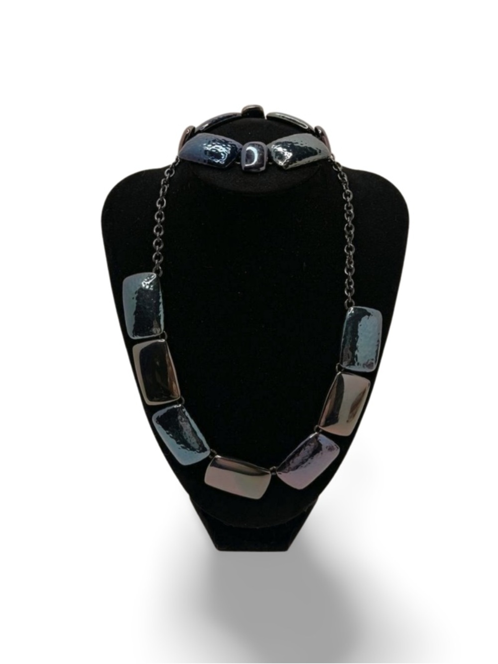 Dana Buchman Black Gunmetal Iridescent Chunky Rectangular Bead Necklace